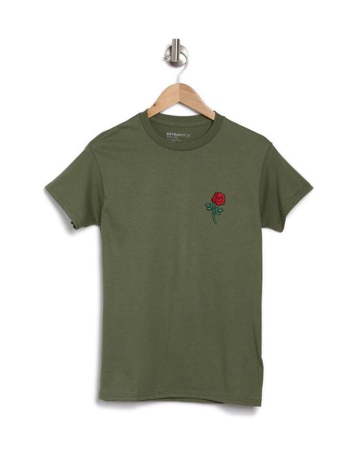 Retrofit Green Rose Embroidery Cotton T-shirt for men