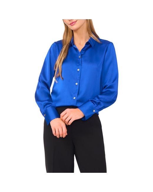 Halogen® Blue Charmeuse Button-Up Shirt