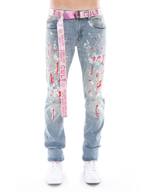 Cult Of Individuality Blue Rocker Belted Distressed Stretch Slim Straight Leg Jeans for men