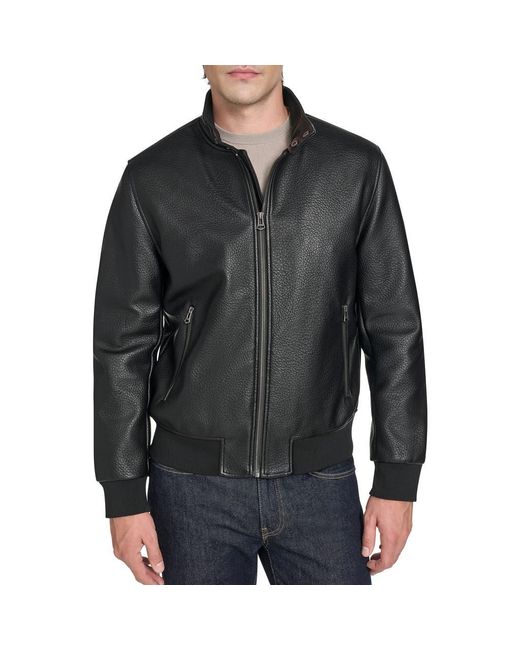 Cole Haan Black Faux Leather Bomber Jacket for men
