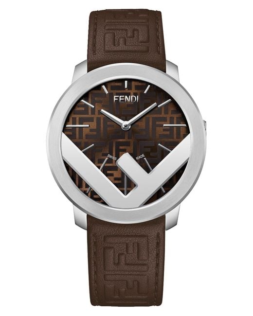 Fendi Gray F Is Swiss Quartz Leather Strap Watch for men
