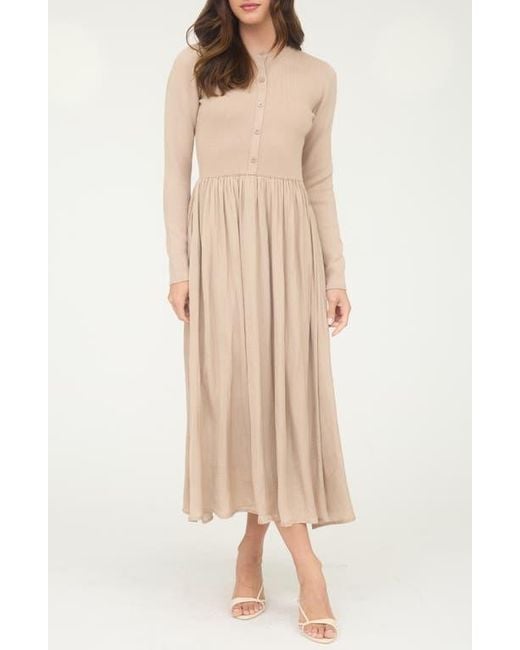 AUGUST SKY Mixed Media Long Sleeve Maxi Dress in Natural | Lyst