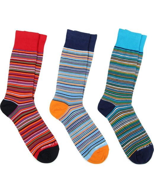 Unsimply Stitched Blue 3-Pack Assorted Stripe Crew Socks for men