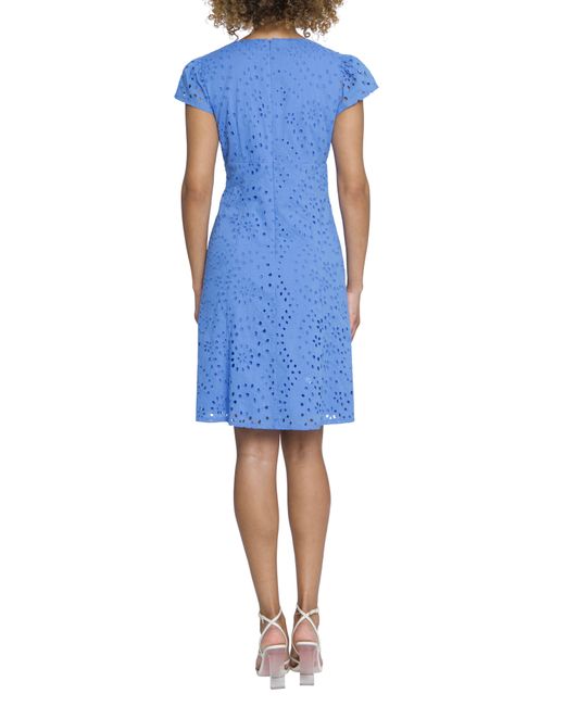 Maggy London Blue Embroidered Eyelet Cap Sleeve Fit & Flare Dress