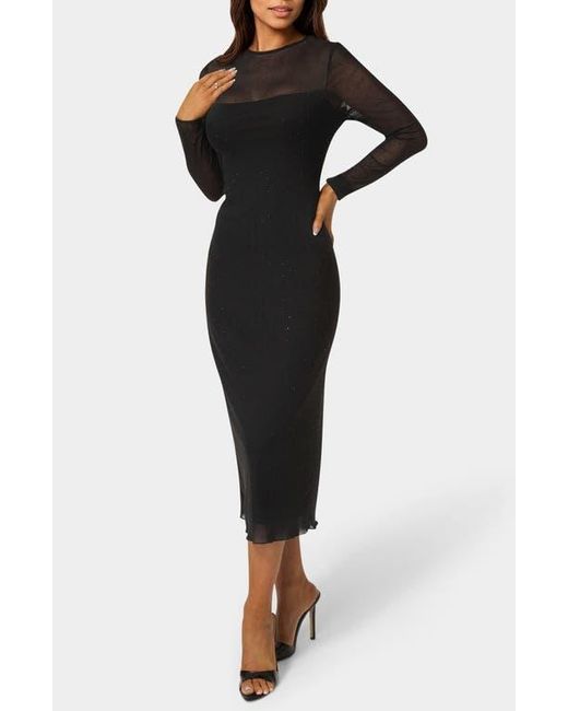 Bebe Black Rhinestone Mesh Long Sleeve Body-Con Dress