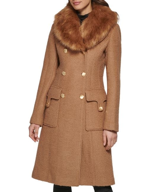 Guess Removable Faux Fur Collar Wool Blend Double Breasted Walker Coat