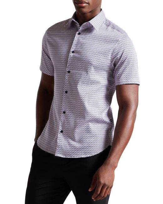 Ted Baker Purple Strisho Geometric Print Stretch Cotton Short Sleeve Button-up Shirt for men
