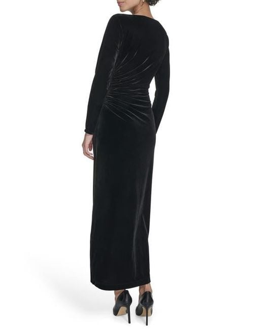 Calvin Klein Black Long Sleeve Ruched Velvet Gown