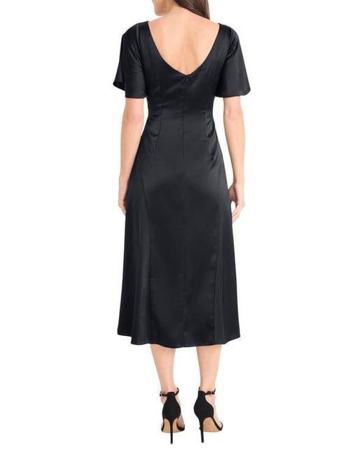 Maggy London Black Flutter Sleeve Ruched Satin Midi Dress