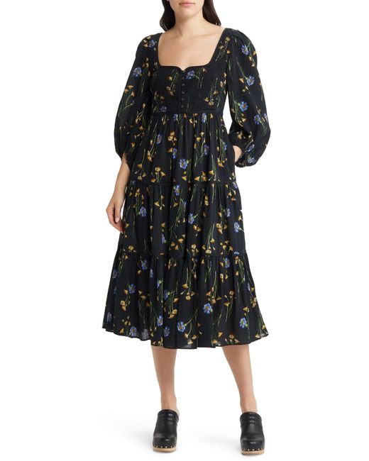 Madewell Black Xiomara Floral Print Long Sleeve Cotton Dress