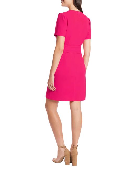 London Times Pink Puff Sleeve Belted Wrap Dress