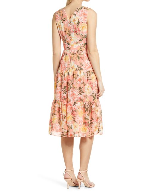 Vince Camuto Pink Floral Sleeveless Tiered Ruffle Midi Dress