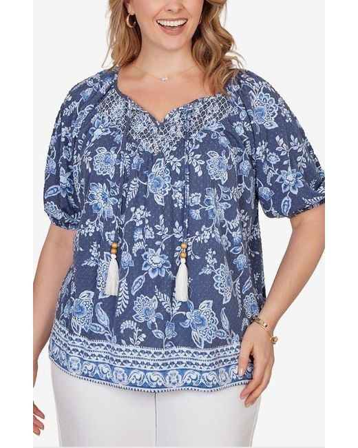Ruby Rd Blue Floral Split Neck Clip Dot Top