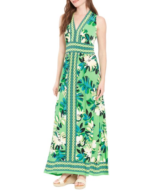 London Times Green Floral V-neck Sleeveless Maxi Dress