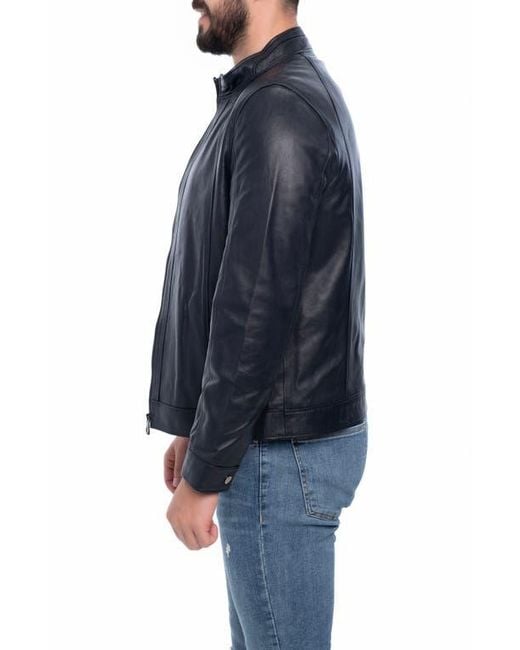 VELLAPAIS Blue Smooth Leather Jacket for men