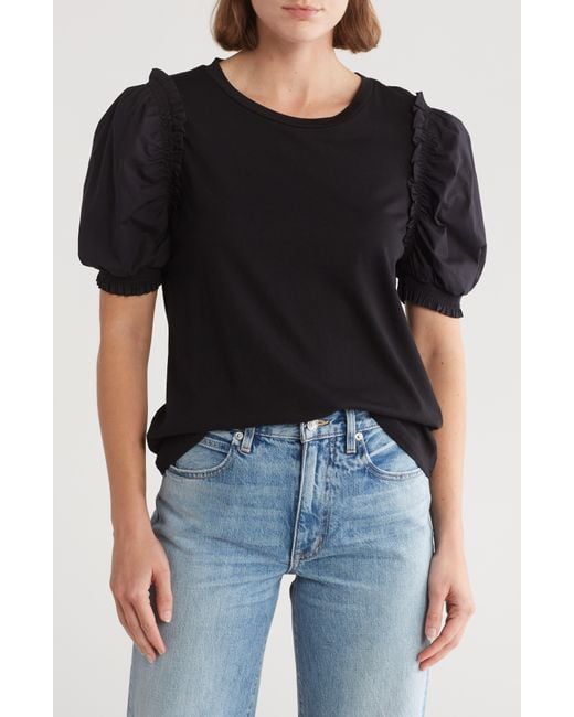 DKNY Black Woven Puff Sleeve T-shirt