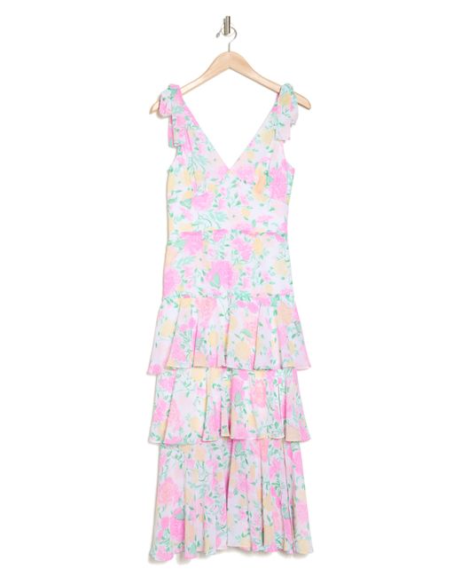 Wayf White Floral Tiered Tie Strap Midi Dress