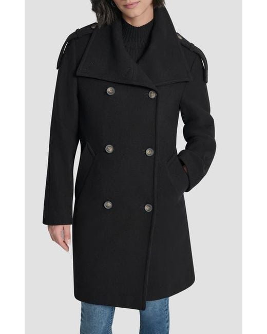 DKNY Black Double Breasted Wool Blend Military Coat