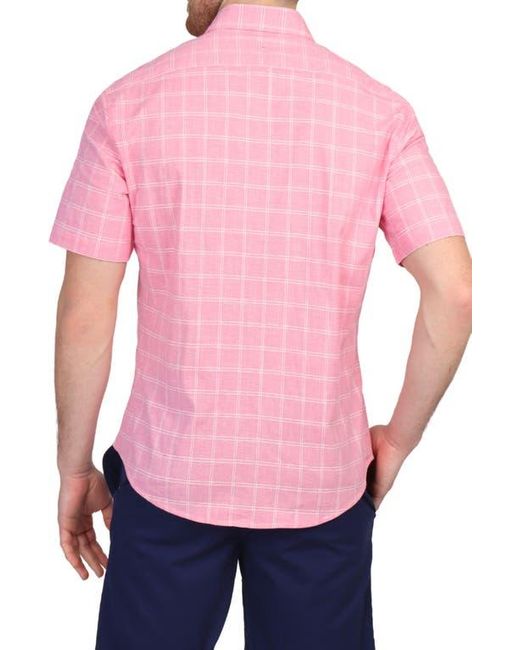 Tailorbyrd Pink Windowpane Stretch Cotton Short Sleeve Button-Down Shirt for men