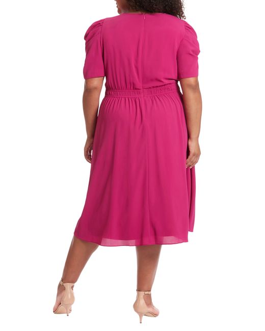 London Times Pink Shirred Crewneck Midi Dress
