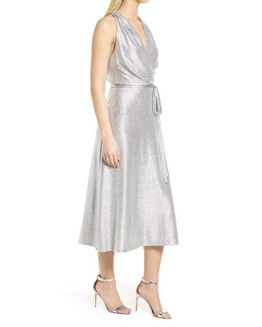 Jordan Faux Robe Julia Jordan Donna Ricco Halter Neck Metallic Faux Wrap Dress | Lyst