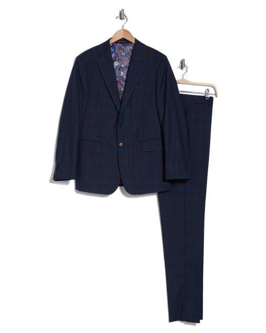 English Laundry Blue Plaid Trim Fit Notch Lapel Wool Blend Two-Piece Suit for men