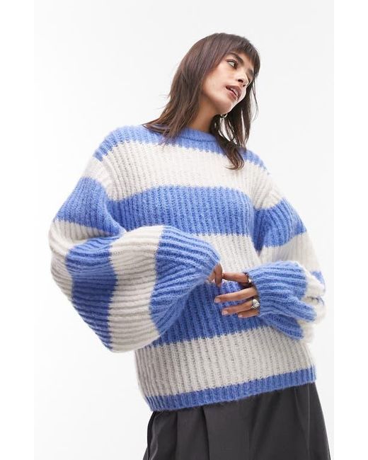 TOPSHOP Blue Knitted Volume Sleeve Fluffy Stripe Jumper