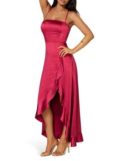 Bebe Lace-Up Back Ruffle Satin Maxi Dress in Red | Lyst