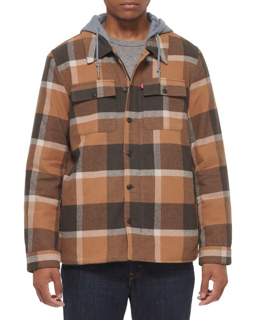 Levi's Plaid Faux Shearling Lined Jersey Hood Shirt Jacket In Brown