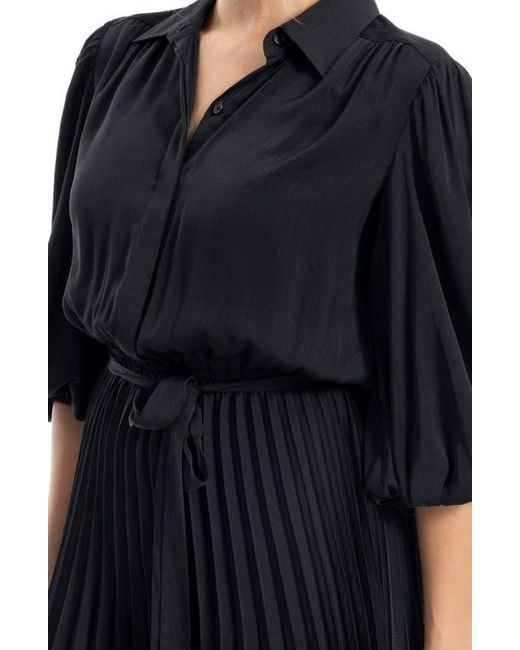 Max Studio Black Three-Quarter Sleeve Satin Midi Shirtdress