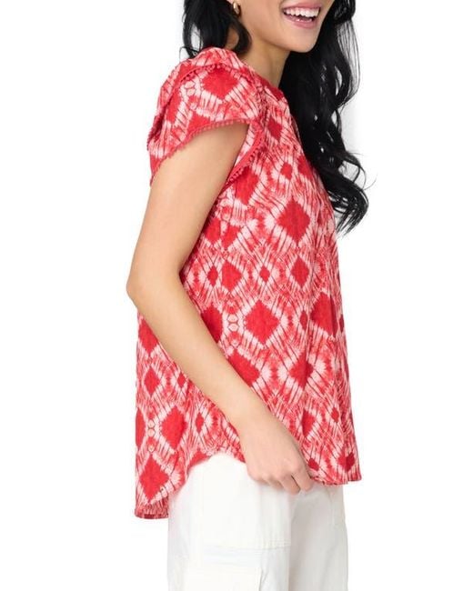 Gibsonlook Red Batik Print Flutter Sleeve Cotton Poplin Top