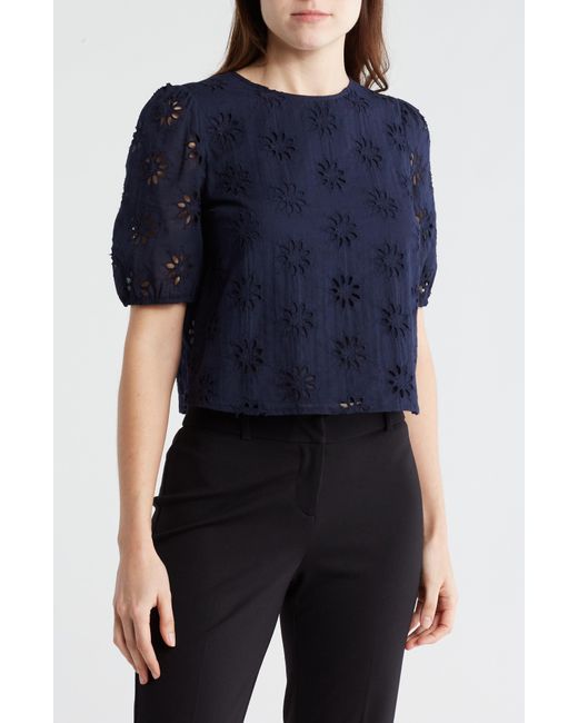 Adrianna Papell Blue Floral Eyelet Puff Sleeve Crop Top