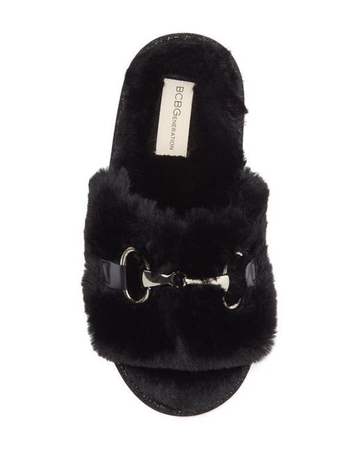 BCBGMAXAZRIA Black Plush Horsebit Faux Fur Slipper
