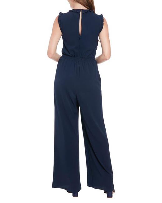 London Times Blue Ruffle Wide Leg Jumpsuit