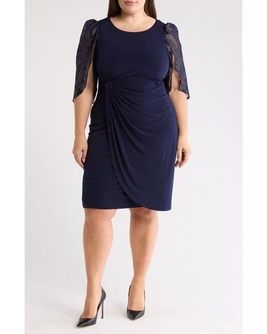 Connected Apparel Blue Flutter Sleeve Faux Wrap Dress