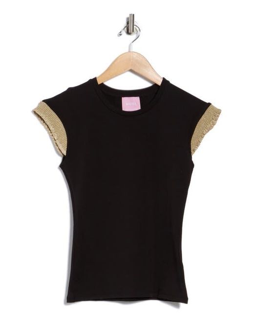 Muse Black Ruffle Ribbed Cap Sleeve Top