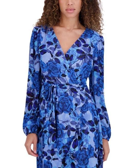 Kensie Blue Floral Burnout Long Sleeve Midi Dress