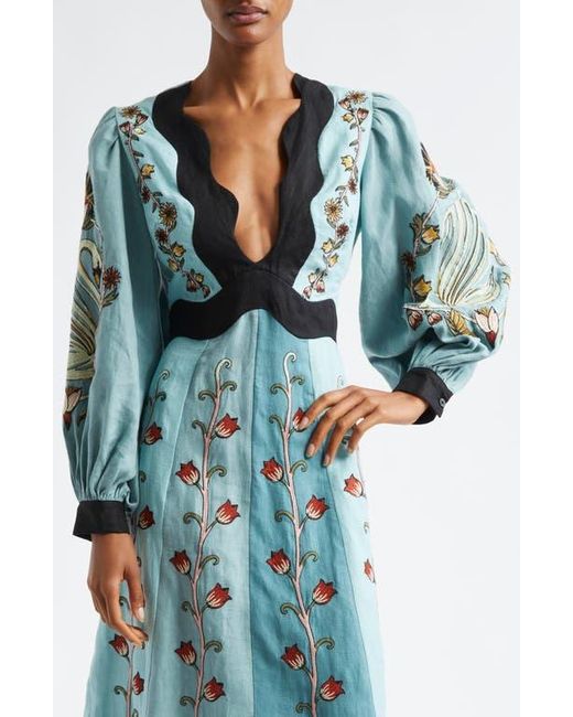 FARM Rio Floral Embroidered Long Sleeve Cutout Linen Midi Dress in Blue |  Lyst