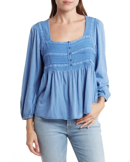 Lucky Brand Blue Embroidered Yoke Long Sleeve Blouse