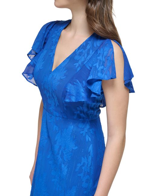 Kensie Blue Flutter Sleeve Burnout Chiffon Midi Dress