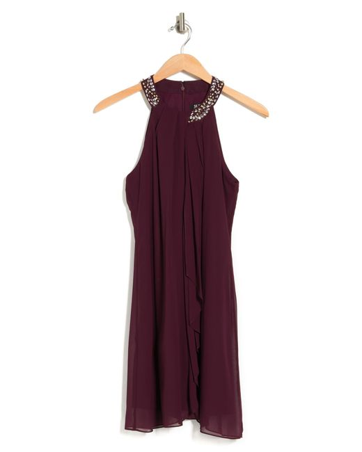 SLNY Bead Braided Halter Chiffon Dress In Fig At Nordstrom Rack in