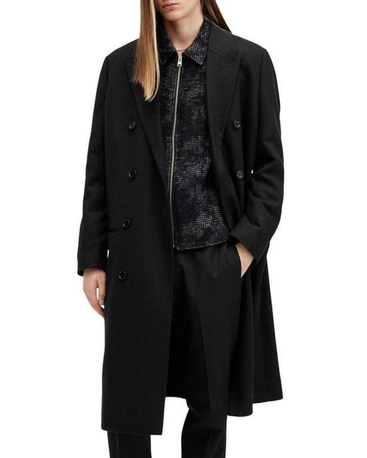 AllSaints Black Arcade Double Breasted Wool Blend Topcoat for men