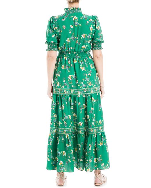 Max Studio Green Ruffle Collar Print Tiered Maxi Dress