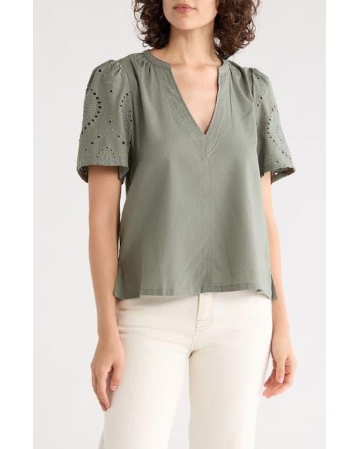 Splendid Green Eyelet Split Neck Top