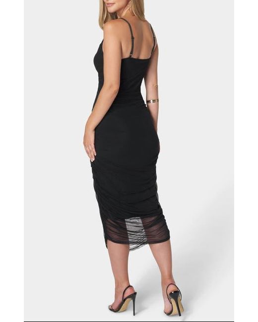 Bebe Black Ruched Mesh Midi Slipdress