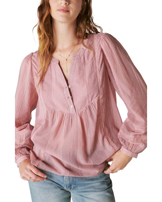 Lucky Brand Pink Lace Inset Long Sleeve Cotton Top