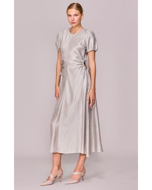 MELLODAY Pink Side Cutout Puff Sleeve Midi Dress