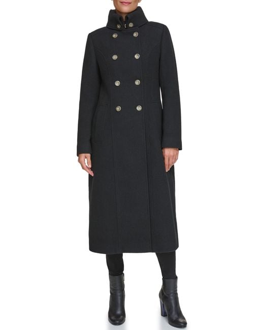 Guess Black Stand Collar Double Breasted Wool Blend Coat