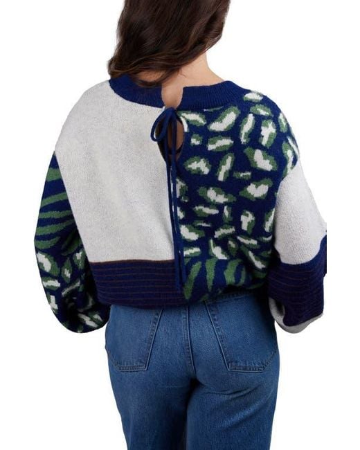 Saachi Blue Leopard Patchwork Knit Cardigan Sweater