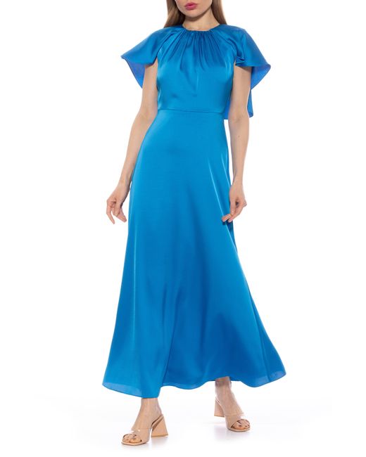 Alexia Admor Blue Danica Capelet Sleeve Satin Maxi Dress